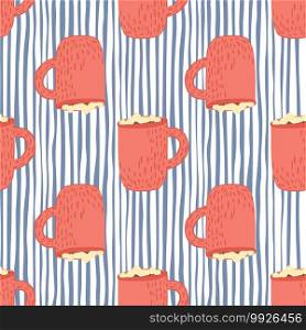 Tradition winter drink seamless pattern with pink hot chocolate ornament. Striped blue background. Great for fabric design, textile print, wrapping, cover. Vector illustration. Tradition winter drink seamless pattern with pink hot chocolate ornament. Striped blue background.