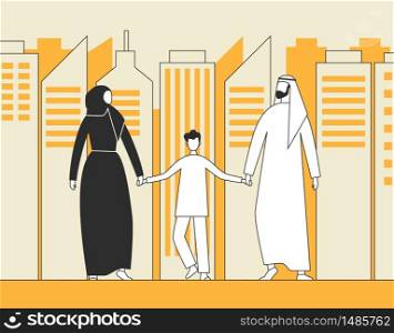 Traditional Arab family, Muslim culture. Man, woman and child walking on the background of city skyscrapers, thin stroke line. Flat vector illustration.