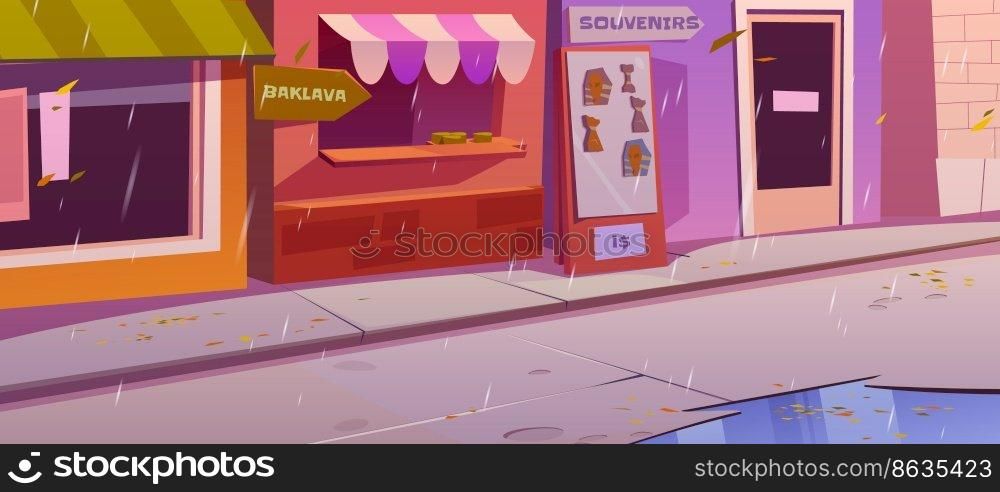 Traditional arabic bazaar with shops on empty city street in rain. Turkish town with market, stores with food and souvenirs at rainy autumn weather, vector cartoon illustration. Traditional arabic bazaar on empty street in rain