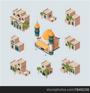 Traditional arabic buildings. Eastern sandy desert cultural authentic houses vector isometric collection. Illustration arabic mosque and isometric authentic house. Traditional arabic buildings. Eastern sandy desert cultural authentic houses vector isometric collection