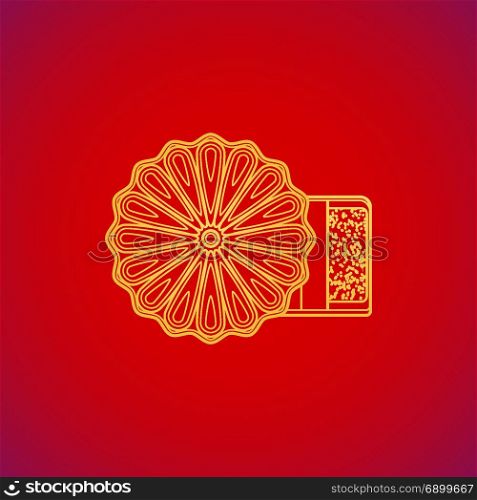 traditional asian mooncake bakery dessert. vector gold color traditional mid-autumn festival Chinese bakery dessert mooncake yellow contour illustration design on red background