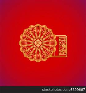 traditional asian mooncake bakery dessert. vector gold color traditional mid-autumn festival Chinese bakery dessert mooncake yellow contour illustration design on red background