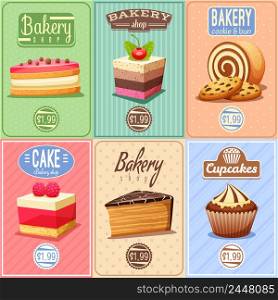 Traditional bakery confectionary 6 vintage mini posters composition banner with cupcakes caked and chocolate cookies isolated vector illustration. Cakes and Sweets Mini Posters Collection