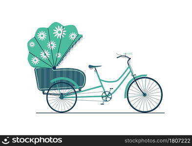 Traditional bicycle rickshaw. Side view. Simplified flat vector with limited colour.