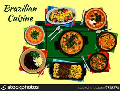 Traditional brazilian seafood and black bean stews flat icon served with tomato beef and spicy lentil soups, thick shrimp and duck soups with tucupi broth, grilled meat with yuca fries and rice and fruit salad with nuts. Brazilian cuisine dishes with thick soups, stews