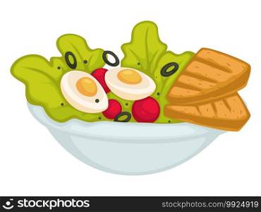 Traditional breakfast or dinner, isolated bowl with green salad leaves, boiled eggs, cherry tomatoes, chopped olives and toasted white bread. Restaurant menu, recipe for vegetarian dieting vector. Bowl with salad and olive, eggs and toast