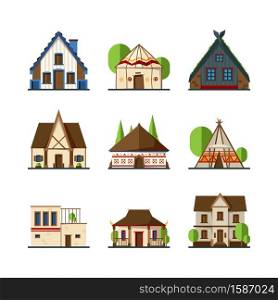 Traditional buildings. Houses and constructions of different countries europe asian indian african tent vectors. Building architecture, house traditional exterior illustration. Traditional buildings. Houses and constructions of different countries europe asian indian african tent vectors