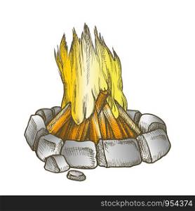 Traditional Burning Campfire Color Vector. Burning Firewood With Bricks Stones Around Of Flame. Bonfire Camping Tourist Element Hand Drawn In Vintage Style Illustration. Traditional Burning Campfire Color Vector