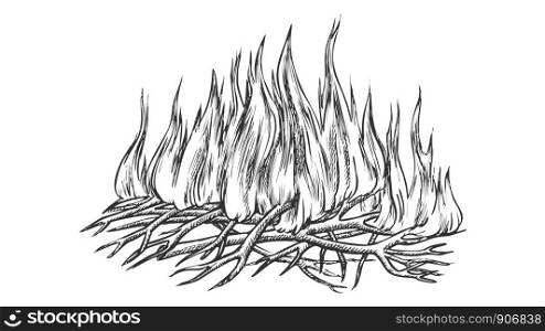 Traditional Burning Camping Fire Monochrome Vector. Tree Branch Sticks Twigs Fire Campfire. Sprouts Of Flame And Offshoot Of Plant Hand Drawn In Retro Style Black And White Illustration. Traditional Burning Camping Fire Monochrome Vector