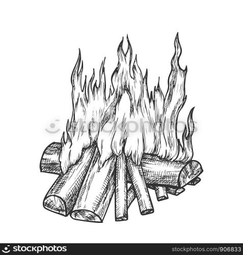 Traditional Burning Firewood Monochrome Vector. Forest Burn Firewood For Warm. Warming Camping Tourist Campsite Light Element Hand Drawn In Retro Style Black And White Illustration. Traditional Burning Firewood Monochrome Vector