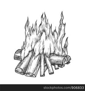 Traditional Burning Firewood Monochrome Vector. Forest Burn Firewood For Warm. Warming Camping Tourist Campsite Light Element Hand Drawn In Retro Style Black And White Illustration. Traditional Burning Firewood Monochrome Vector