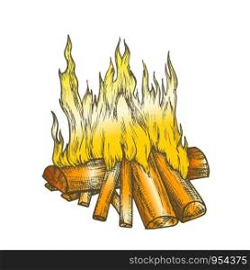Traditional Burning Firewood Vector. Forest Burn Firewood For Warm. Warming Camping Tourist Campsite Light Element Hand Drawn In Retro Style Color Illustration. Traditional Burning Firewood Color Vector