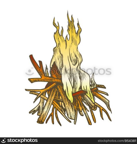 Traditional Burning Timbered Stick Vintage Vector. Burning Tree Wood Branches For Inflaming Flame. Hot Temperature Controlled Fire Of Twigs Designed In Retro Style Color Illustration. Traditional Burning Timbered Stick Color Vintage Vector