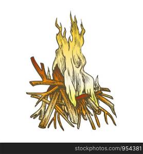 Traditional Burning Timbered Stick Vintage Vector. Burning Tree Wood Branches For Inflaming Flame. Hot Temperature Controlled Fire Of Twigs Designed In Retro Style Color Illustration. Traditional Burning Timbered Stick Color Vintage Vector