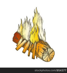 Traditional Burning Wooden Stick Color Vector. Burning Timber And Little Branches Bonfire Flame. Camping Tourist Element Designed In Vintage Style Illustration. Traditional Burning Wooden Stick Color Vector