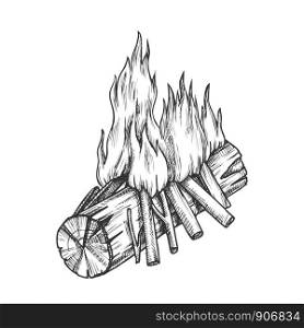 Traditional Burning Wooden Stick Monochrome Vector. Burning Timber And Little Branches Bonfire Flame. Camping Tourist Element Designed In Vintage Style Black And White Illustration. Traditional Burning Wooden Stick Monochrome Vector