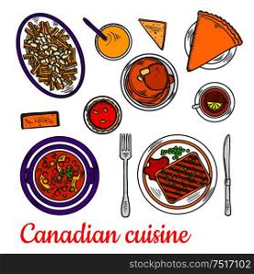 Traditional canadian poutine colored sketch symbol, served with grilled peameal bacon, chicken stew with dumplings, pancakes with maple syrup, red velvet cupcake and sugar pie with black tea and orange juice. Canadian cuisine dinner with desserts and drinks