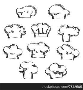 Traditional chef or baker hats and toques sketch icons with stylish draperies, for restaurant or bakery themes. Chef and baker hats or toques sketches