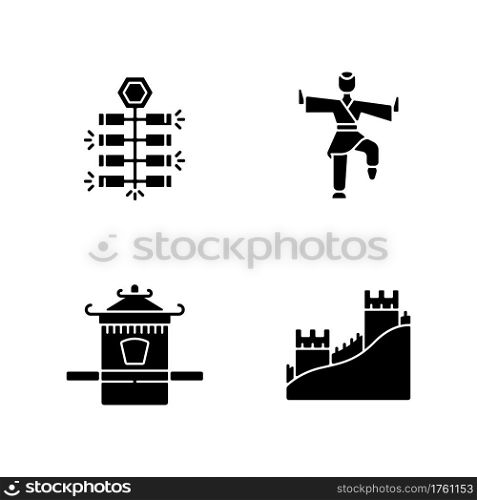Traditional China black glyph icons set on white space. Chinese firecrackers. Kung Fu. Sedan chair. Great Chinese Wall. Asian culture. Eastern history. Silhouette symbols. Vector isolated illustration. Traditional China black glyph icons set on white space