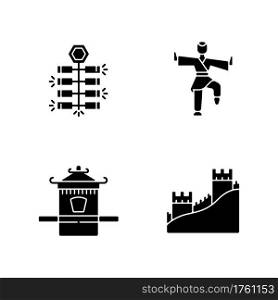 Traditional China black glyph icons set on white space. Chinese firecrackers. Kung Fu. Sedan chair. Great Chinese Wall. Asian culture. Eastern history. Silhouette symbols. Vector isolated illustration. Traditional China black glyph icons set on white space