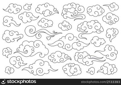 Traditional chinese clouds, asian oriental style cloud. Japanese sky doodle elements, china festive decorative ornaments vector set. Sky outline asian elements collection isolated on white. Traditional chinese clouds, asian oriental style cloud. Japanese sky doodle elements, china festive decorative ornaments vector set