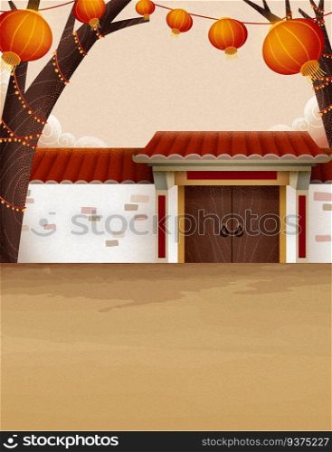 Traditional chinese countryside architecture illustration with white brick wall and hanging lanterns. Chinese countryside architecture