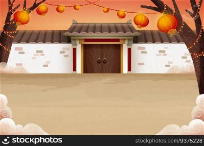Traditional chinese countryside architecture illustration with white brick wall and hanging lanterns. Chinese countryside architecture