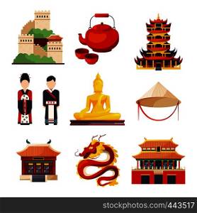 Traditional chinese cultural objects in vector style. China traditional oriental elements pagoda and teapot illustration. Traditional chinese cultural objects in vector style