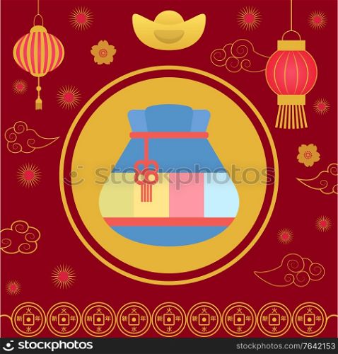 Traditional chinese fortune bag vector, isolated fabric cloth with thread stuffed with symbols of prosperity. Chinese lucky bag. Holiday in China and celebration special occasions, oriental traditions. Chinese Fortune Bag Bringing Luck and Happiness