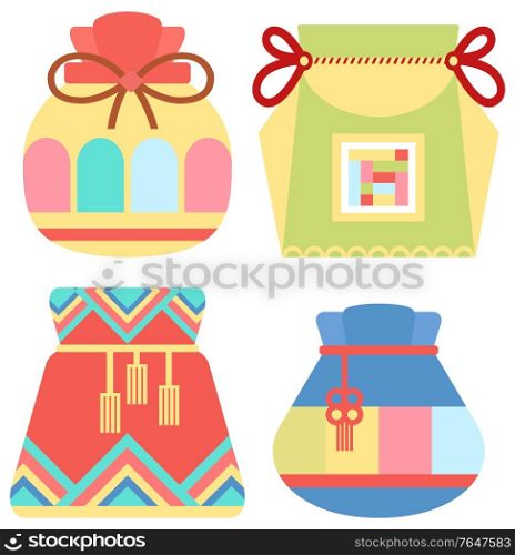 Traditional chinese fortune bag vector, isolated fabric cloth with thread stuffed with symbols of prosperity. Chinese lucky bag. Holiday in China and celebration special occasions, oriental traditions. Chinese Fortune Bag Bringing Luck and Happiness