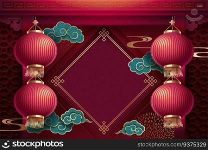Traditional Chinese lunar new year background with blank spring couplet and red paper lanterns on burgundy red. Chinese lunar new year background