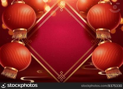 Traditional Chinese lunar new year background with blank spring couplet and red paper lanterns. Chinese lunar new year background