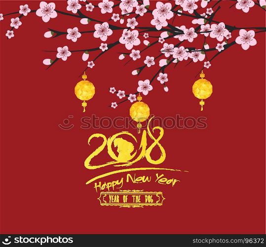 traditional chinese new year. Blossom and lantern background. Year of the dog