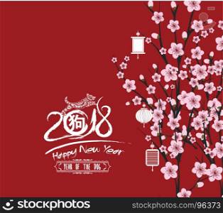 traditional chinese new year. Blossom background. Year of the dog