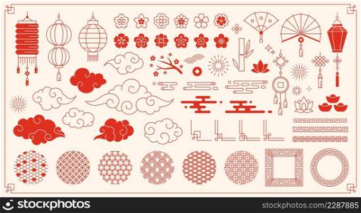 Traditional chinese new year elements, asian oriental ornaments. Japanese festive decorations, clouds, flowers and patterns vector set. Illustration of traditional chinese lunar symbol and elements. Traditional chinese new year elements, asian oriental ornaments. Japanese festive decorations, clouds, flowers and patterns vector set