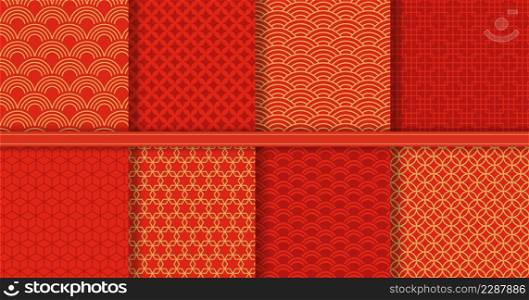 Traditional chinese seamless pattern, golden asian background. Red and gold japanese wave ornaments, abstract decorative texture vector set. Illustration of pattern chinese seamless. Traditional chinese seamless pattern, golden asian background. Red and gold japanese wave ornaments, abstract decorative texture vector set