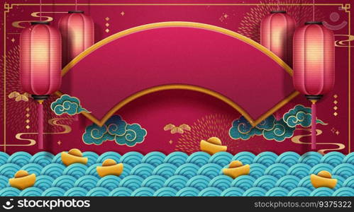 Traditional Chinese spring festival background with red lanterns, fan shaped plaque and wave pattern. Traditional Chinese spring festival