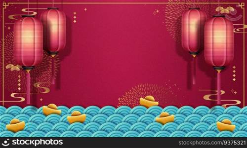 Traditional Chinese spring festival background with red lanterns, wave patterns and gold ingots. Traditional Chinese spring festival