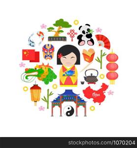 Traditional Chinese symbols on white background. Chinese icons in flat style.