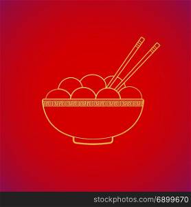 traditional chinese Tangyuan rice dessert. vector gold color traditional chinese Tangyuan glutinous rice dessert in soup plate with chopsticks yellow contour illustration design on red background