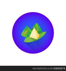 traditional chinese Zongzi rice food. vector colorful traditional chinese Zongzi glutinous rice food warped in bamboo leaves illustration flat shadow design round violet blue background