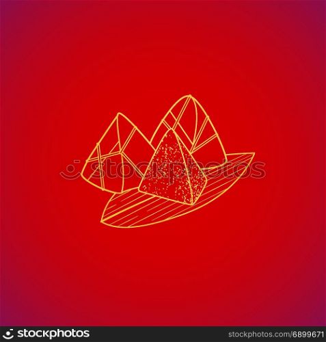 traditional chinese Zongzi rice food. vector gold color traditional chinese Zongzi glutinous rice food warped in bamboo leaves yellow contour illustration design on red background
