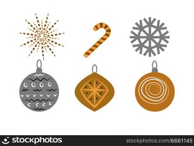 Traditional Christmas collection of decorations for evergreen tree. Round and rhombus xmas golden bows, one silver bow with decor, grey snowflake, striped yellow candy cane and bright star. Vector. Traditional Christmas Set of Decorations on White