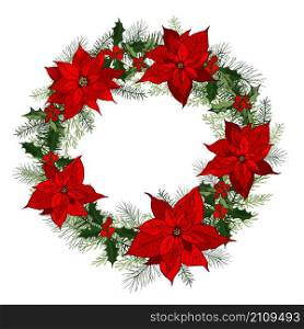 Traditional classic Christmas wreath with Poinsettias. Vector hand-drawn illustration.. Traditional classic Christmas wreath with Poinsettias.