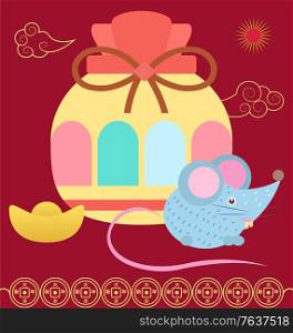 Traditional colorful fortune bag with ribbon made of textile with chinese hieroglyphs and little grey mouse New Year symbol. Seollal or Korean lunar calendar cign. Lucky gift vector illustration. Colorful Fortune Bag, Hieroglyphs and Mouse Vector