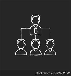 Traditional company structure chalk white icon on black background. Leader and multiple subordinates layers. Hierarchy in business. Traditional organization. Isolated vector chalkboard illustration. Traditional company structure chalk white icon on black background