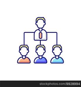 Traditional company structure RGB color icon. Leader and multiple subordinates layers. Hierarchy in business. Role and responsibilities. Departmentalized employees. Isolated vector illustration. Traditional company structure RGB color icon