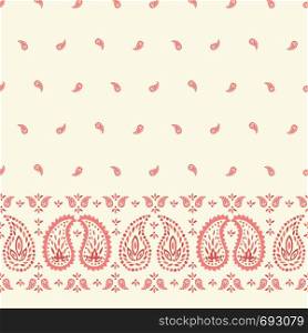Traditional Coral Paisley Vector Seamless Horizontal Border and Pattern. Whimsical classic background. Monochrome Shawl print. Perfect for textile. Traditional Coral Paisley Vector Seamless Horizontal Border and Pattern. Whimsical classic background.