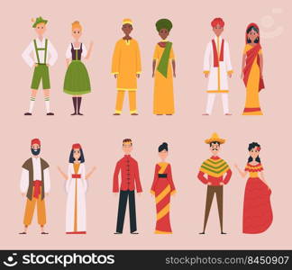 Traditional costumes. National authentic people in european clothes ukranian mongolia belarus nigeria turkey and poland exact vector characters. Illustration of national costume collection. Traditional costumes. National authentic people in european clothes ukranian mongolia belarus nigeria turkey and poland exact vector characters