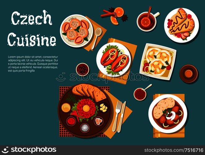 Traditional czech steak tartare served on plate with raw egg yolk, toasted bread and condiments and sirloin with dumplings, pickled sausages with pickles and spicy fried bread, strawberry dumplings and pancakes filled with fruits, beer bottle. National czech cuisine nutritious dishes